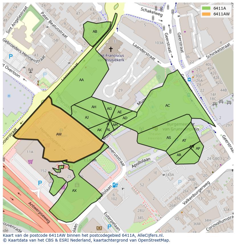 Afbeelding van het postcodegebied 6411 AW op de kaart.
