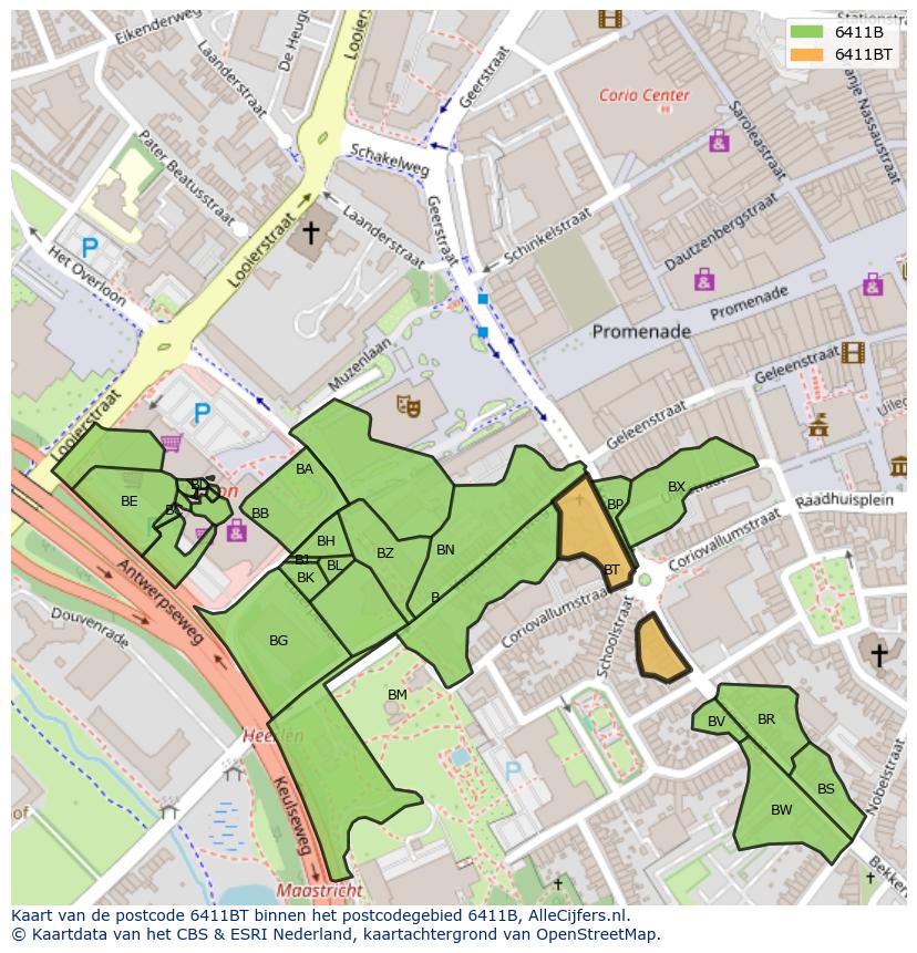Afbeelding van het postcodegebied 6411 BT op de kaart.
