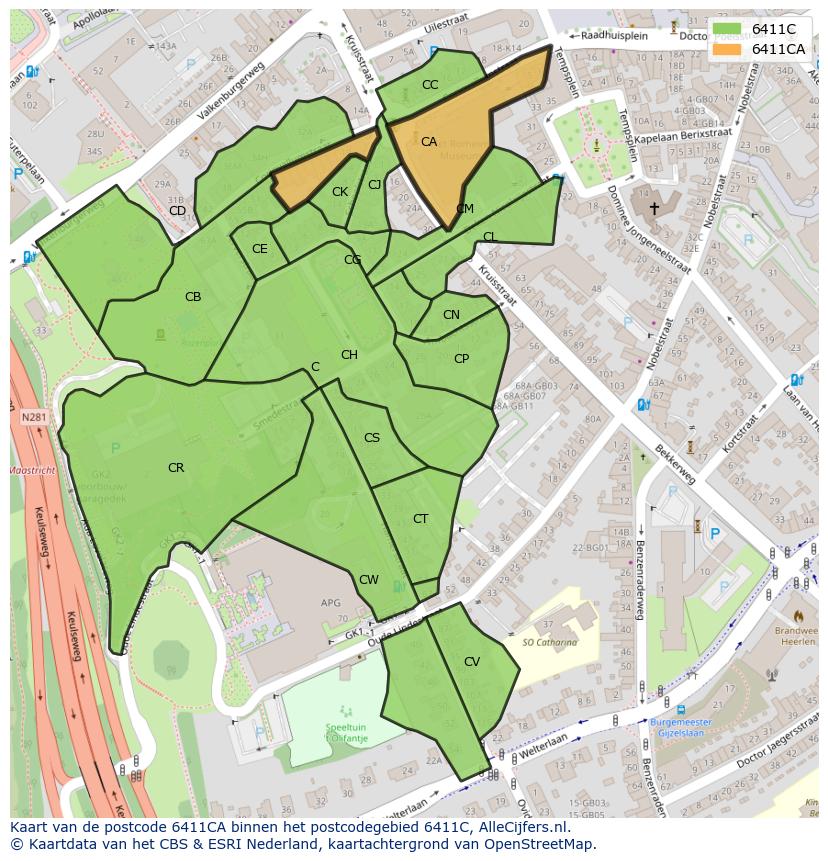 Afbeelding van het postcodegebied 6411 CA op de kaart.
