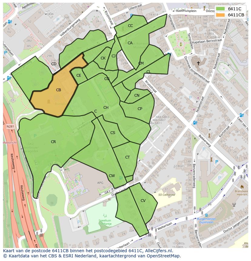 Afbeelding van het postcodegebied 6411 CB op de kaart.