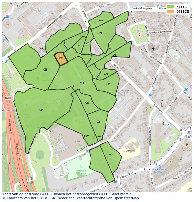 Afbeelding van het postcodegebied 6411 CE op de kaart.