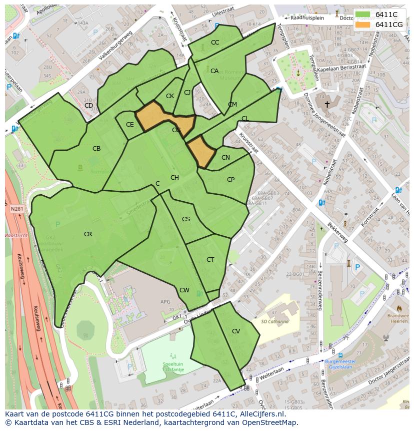 Afbeelding van het postcodegebied 6411 CG op de kaart.