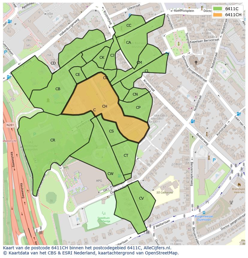Afbeelding van het postcodegebied 6411 CH op de kaart.
