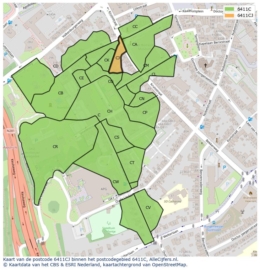 Afbeelding van het postcodegebied 6411 CJ op de kaart.