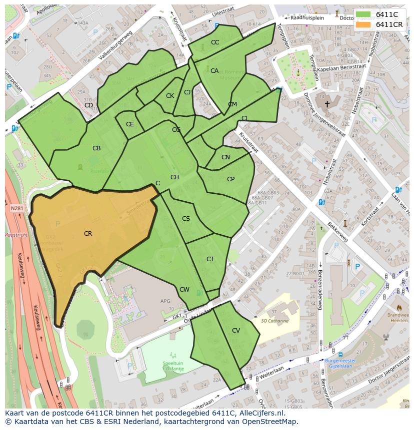 Afbeelding van het postcodegebied 6411 CR op de kaart.