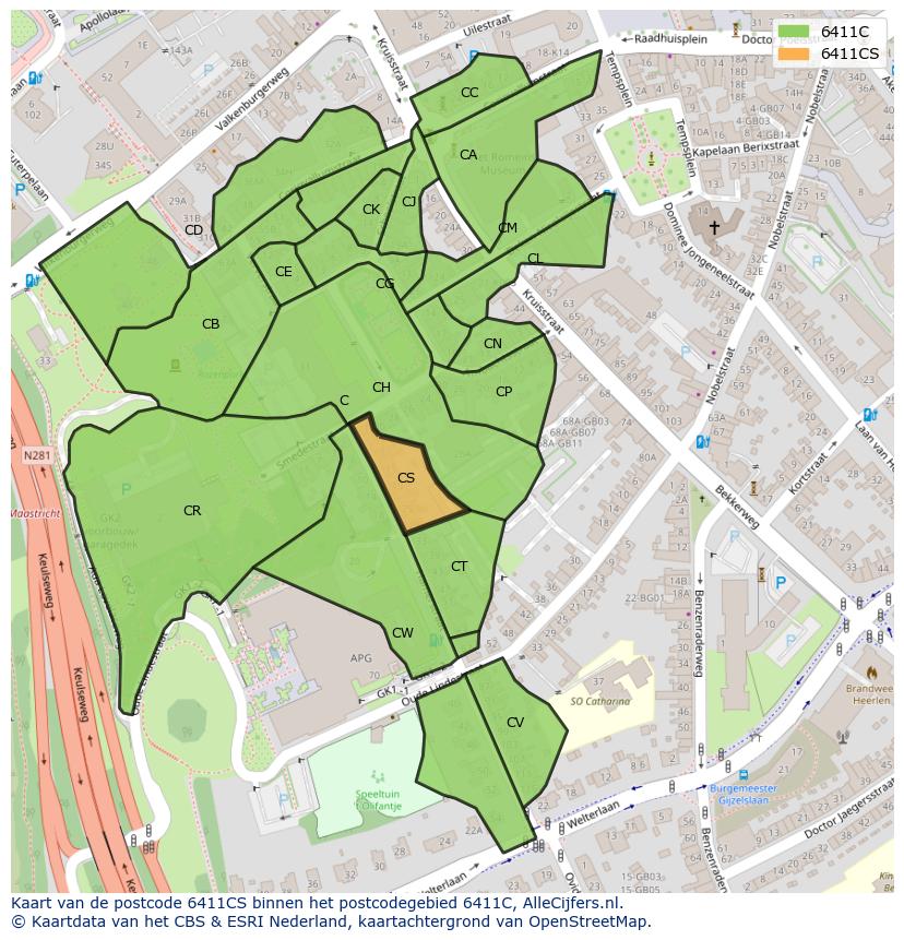 Afbeelding van het postcodegebied 6411 CS op de kaart.