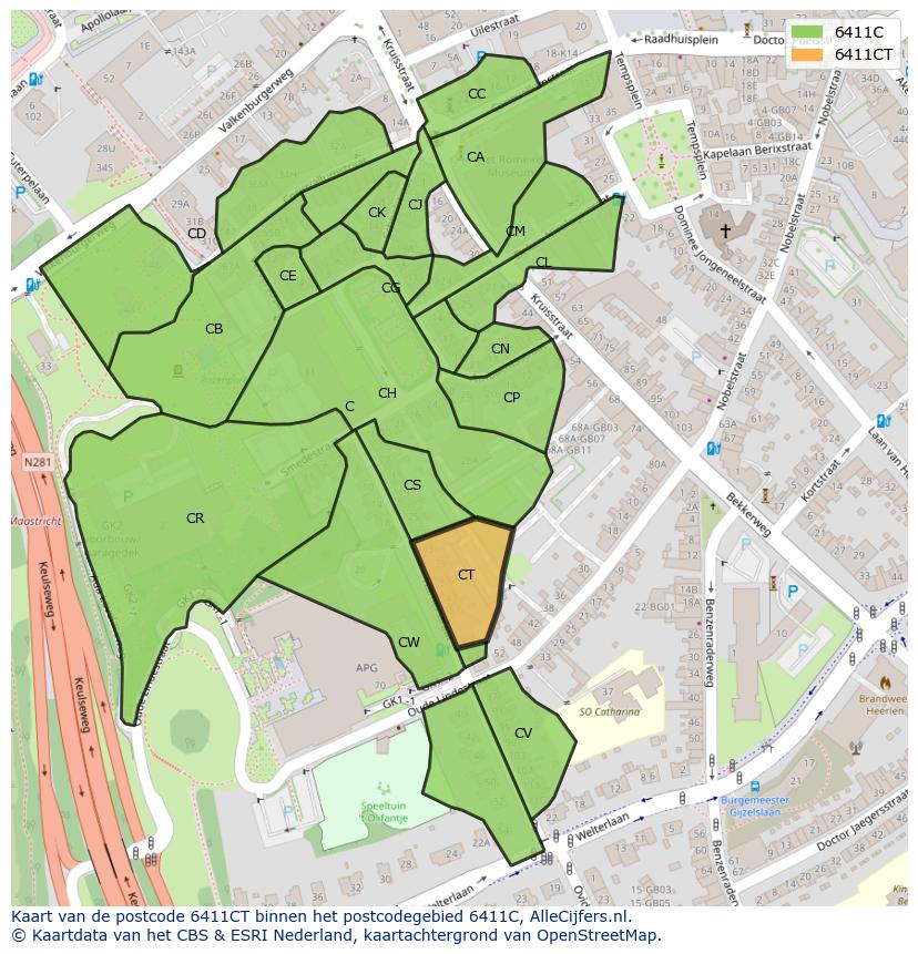 Afbeelding van het postcodegebied 6411 CT op de kaart.
