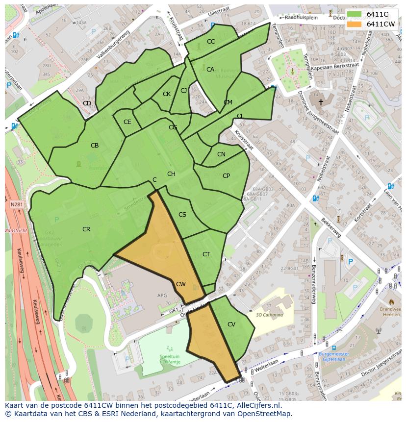 Afbeelding van het postcodegebied 6411 CW op de kaart.