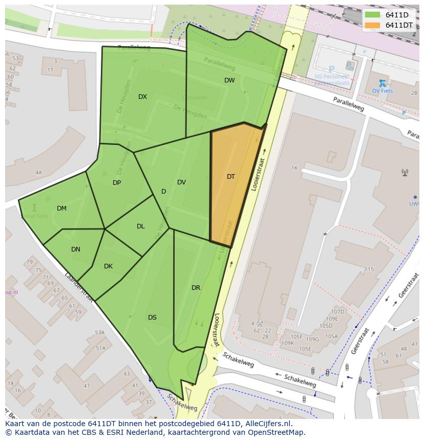Afbeelding van het postcodegebied 6411 DT op de kaart.