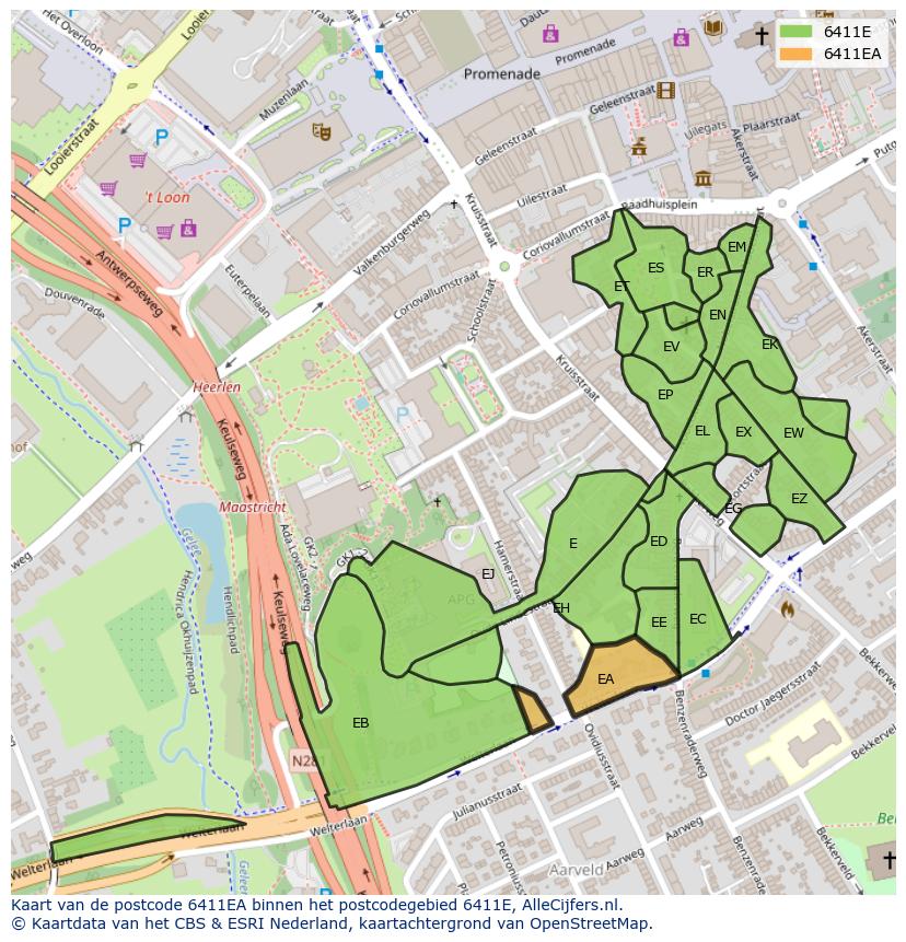 Afbeelding van het postcodegebied 6411 EA op de kaart.