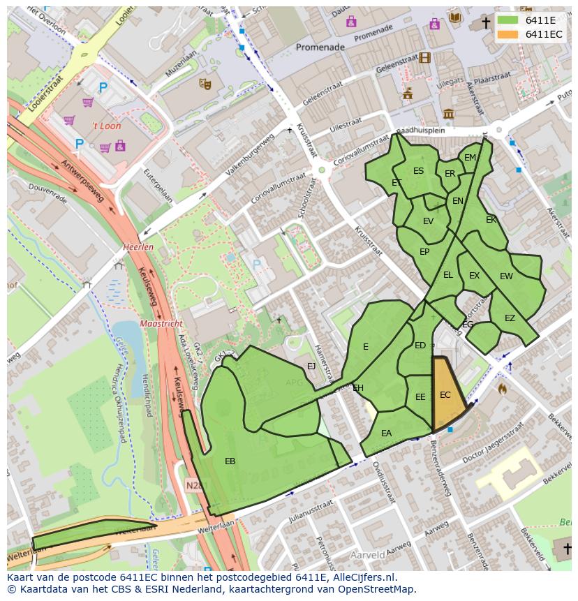 Afbeelding van het postcodegebied 6411 EC op de kaart.