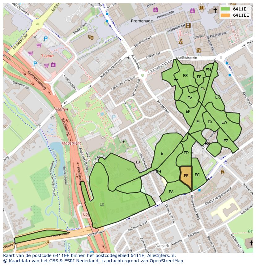 Afbeelding van het postcodegebied 6411 EE op de kaart.