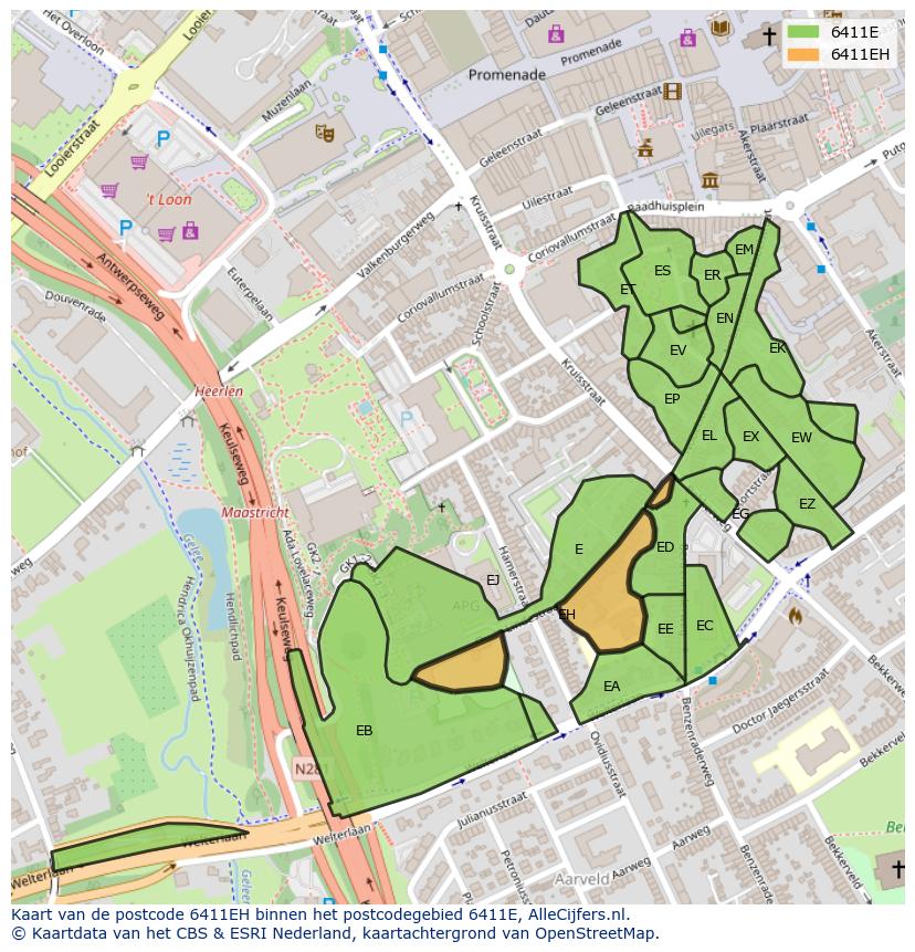 Afbeelding van het postcodegebied 6411 EH op de kaart.