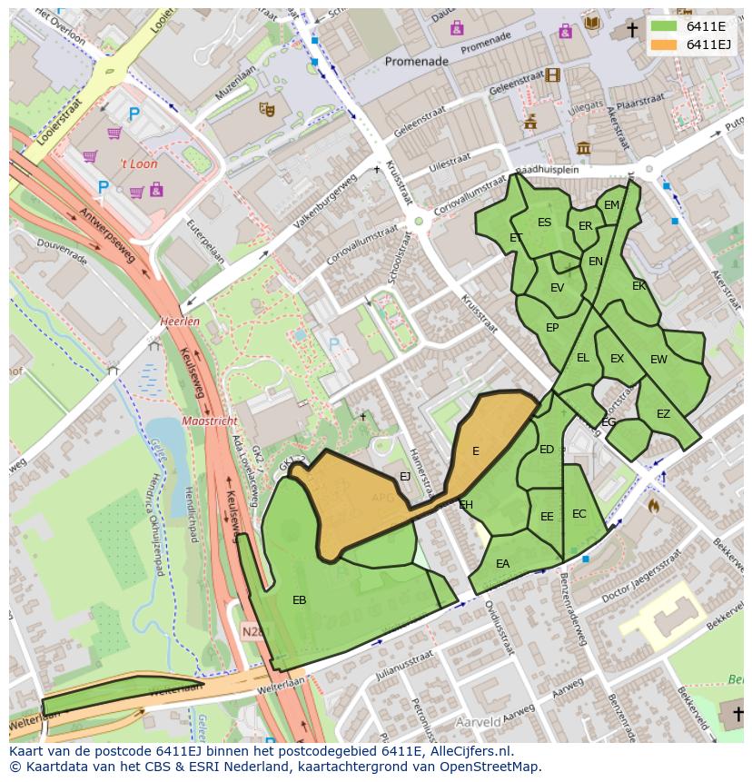 Afbeelding van het postcodegebied 6411 EJ op de kaart.