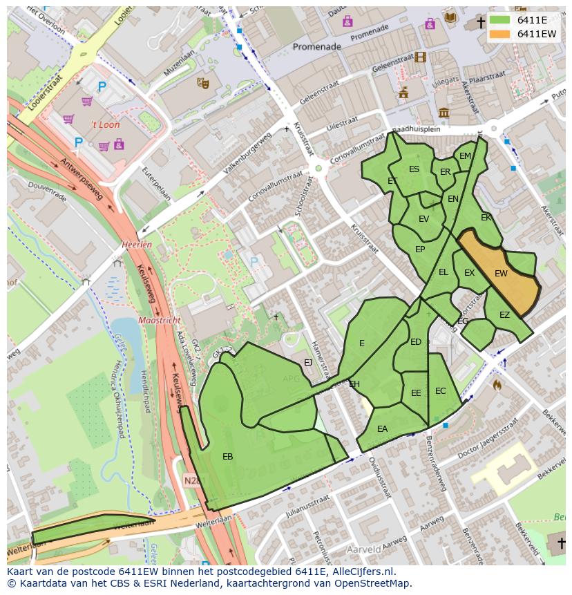 Afbeelding van het postcodegebied 6411 EW op de kaart.