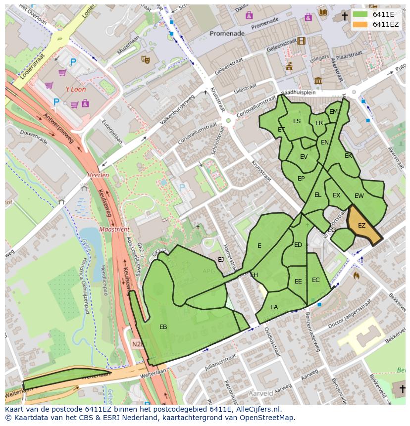 Afbeelding van het postcodegebied 6411 EZ op de kaart.