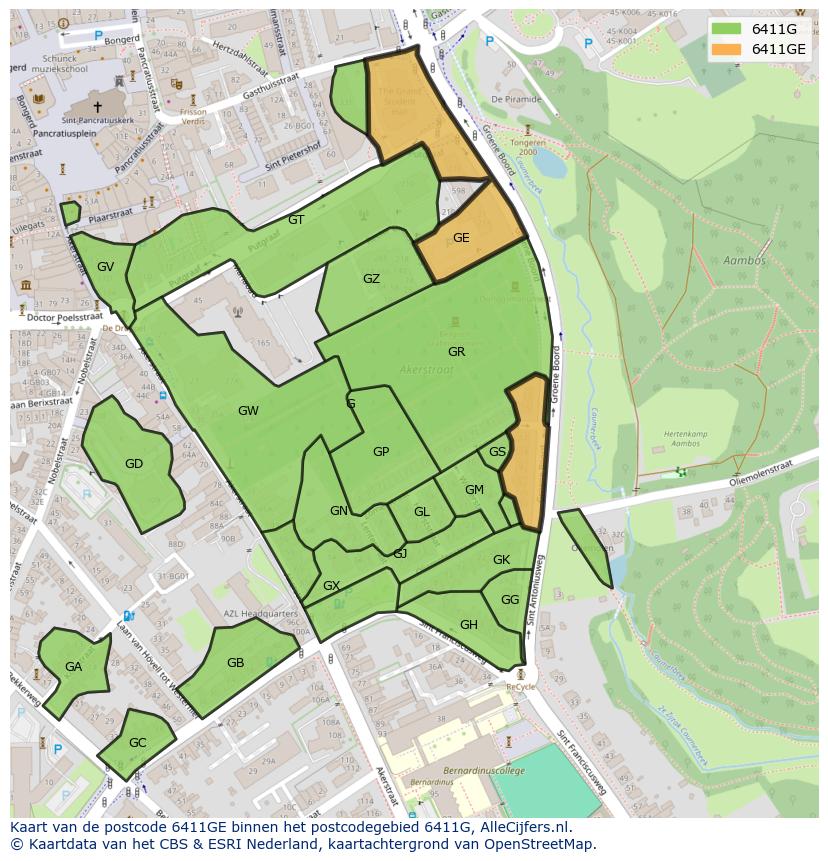 Afbeelding van het postcodegebied 6411 GE op de kaart.