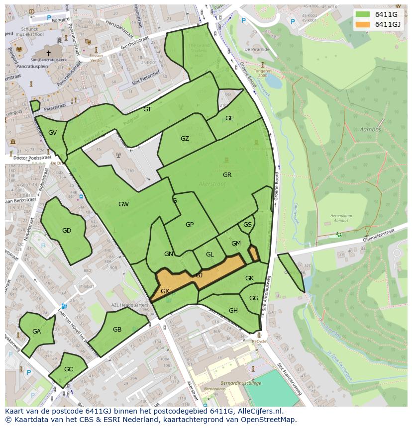 Afbeelding van het postcodegebied 6411 GJ op de kaart.
