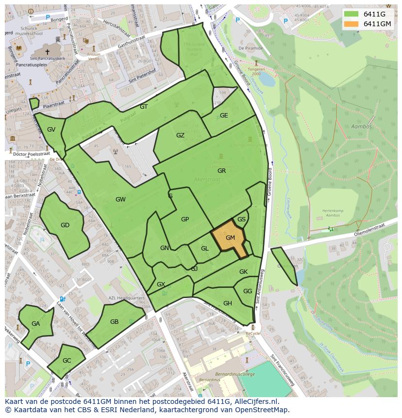 Afbeelding van het postcodegebied 6411 GM op de kaart.