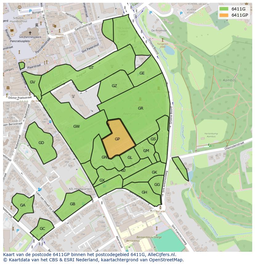 Afbeelding van het postcodegebied 6411 GP op de kaart.
