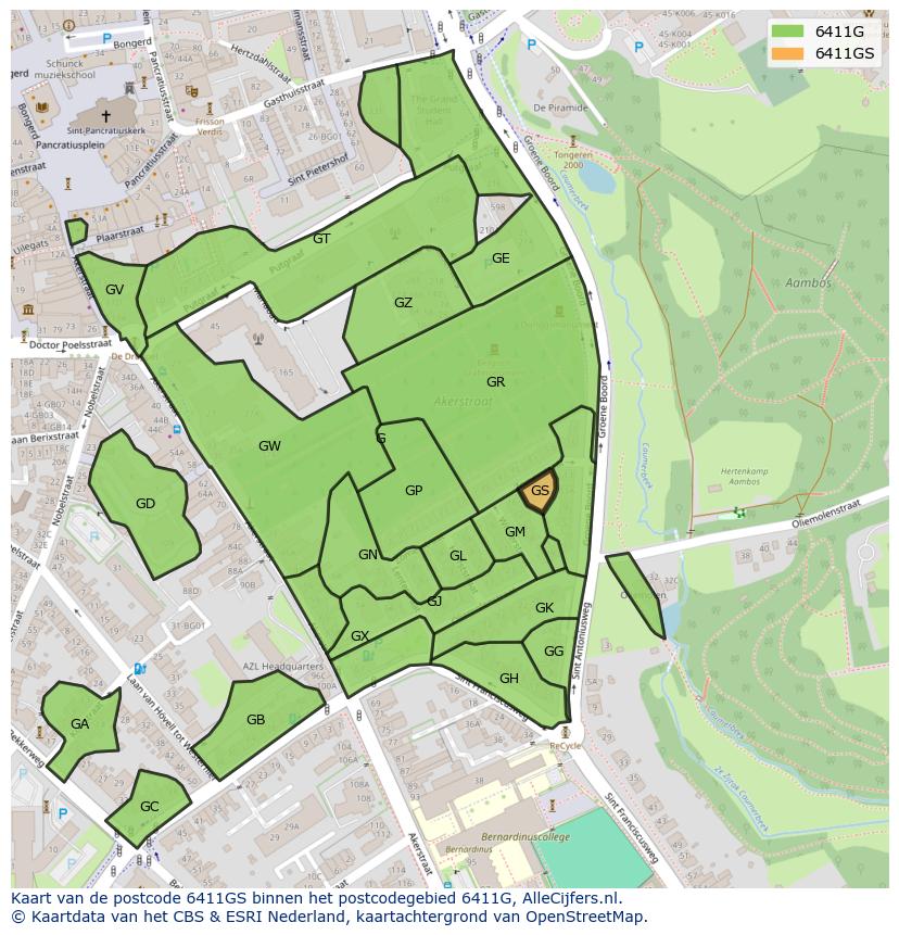 Afbeelding van het postcodegebied 6411 GS op de kaart.