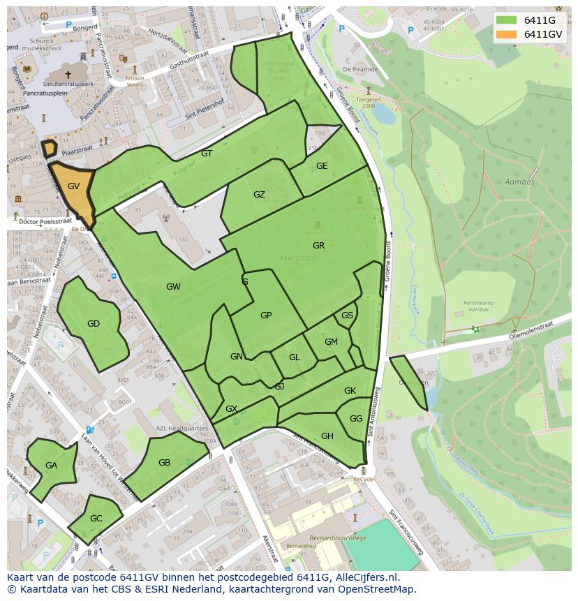 Afbeelding van het postcodegebied 6411 GV op de kaart.
