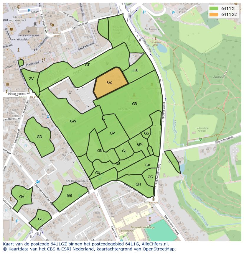 Afbeelding van het postcodegebied 6411 GZ op de kaart.