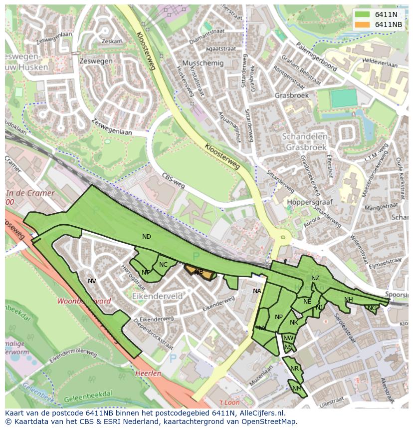 Afbeelding van het postcodegebied 6411 NB op de kaart.