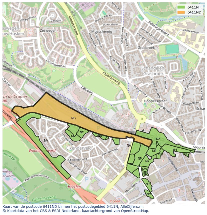 Afbeelding van het postcodegebied 6411 ND op de kaart.