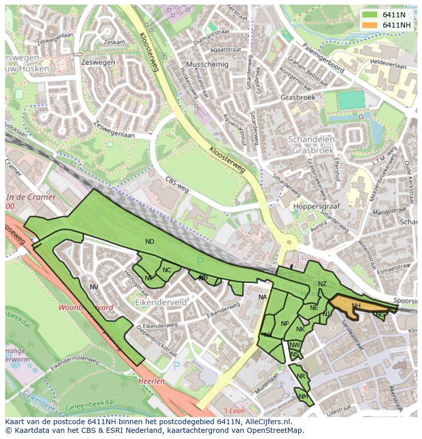 Afbeelding van het postcodegebied 6411 NH op de kaart.