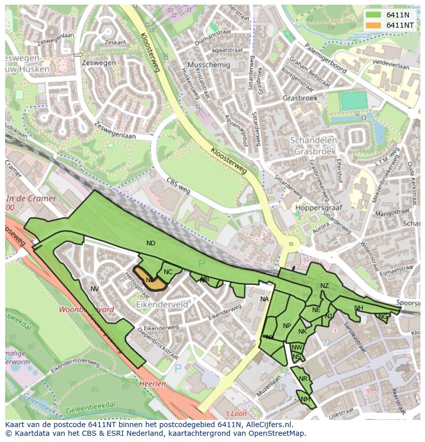Afbeelding van het postcodegebied 6411 NT op de kaart.