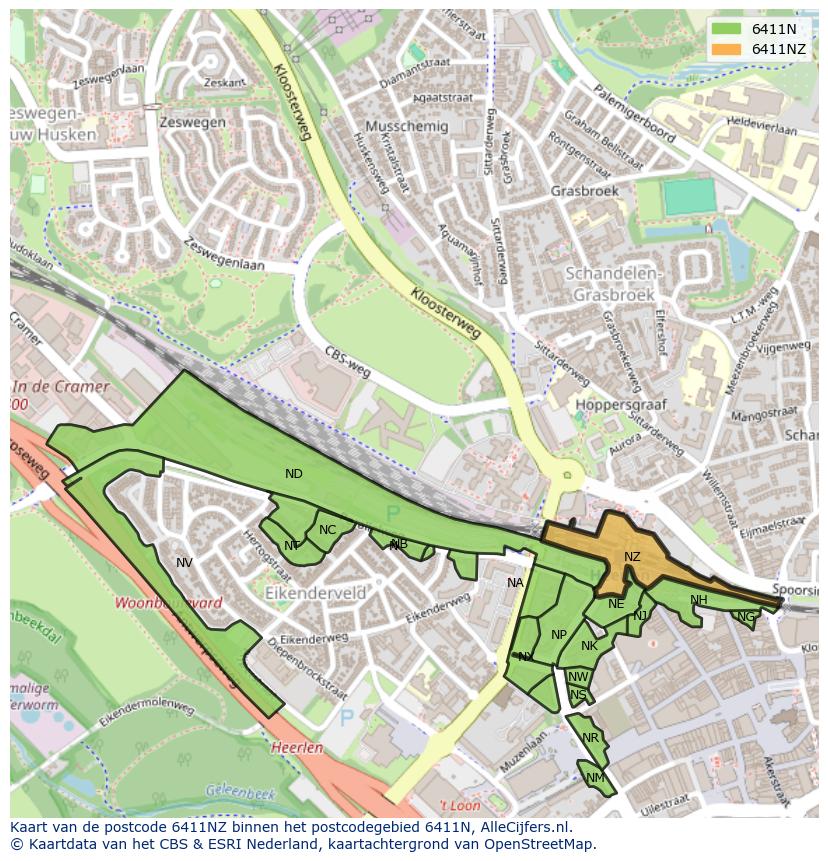 Afbeelding van het postcodegebied 6411 NZ op de kaart.