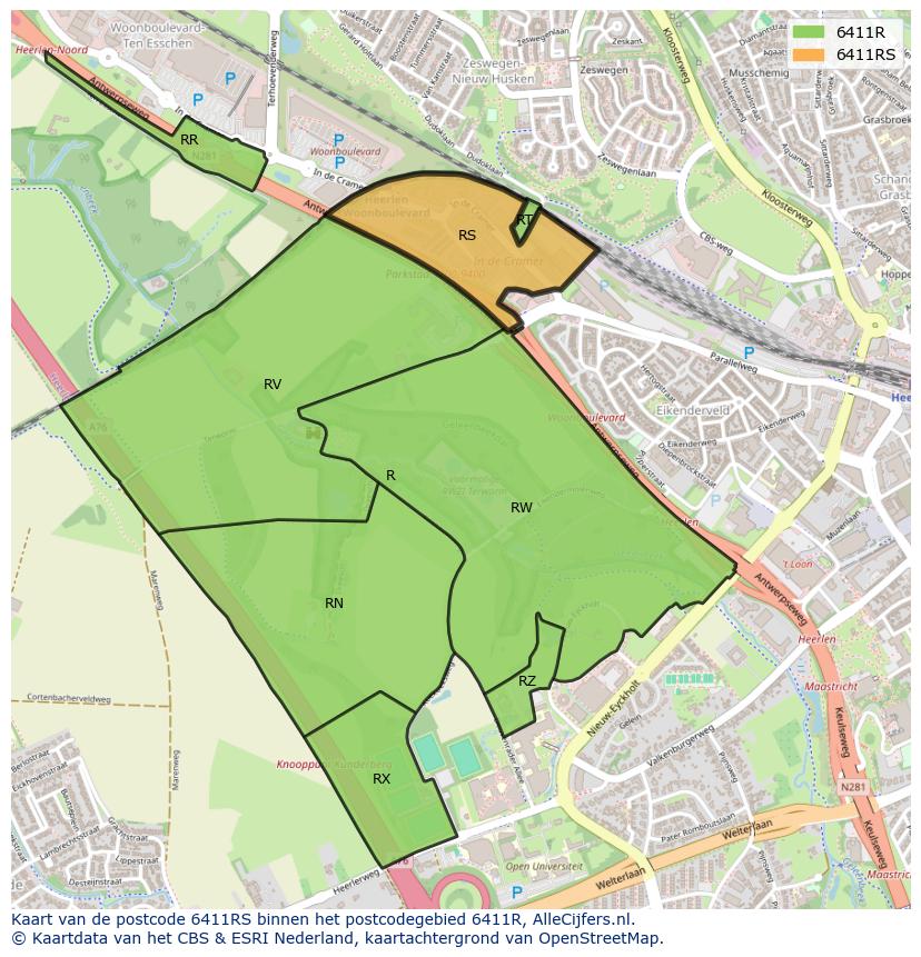 Afbeelding van het postcodegebied 6411 RS op de kaart.