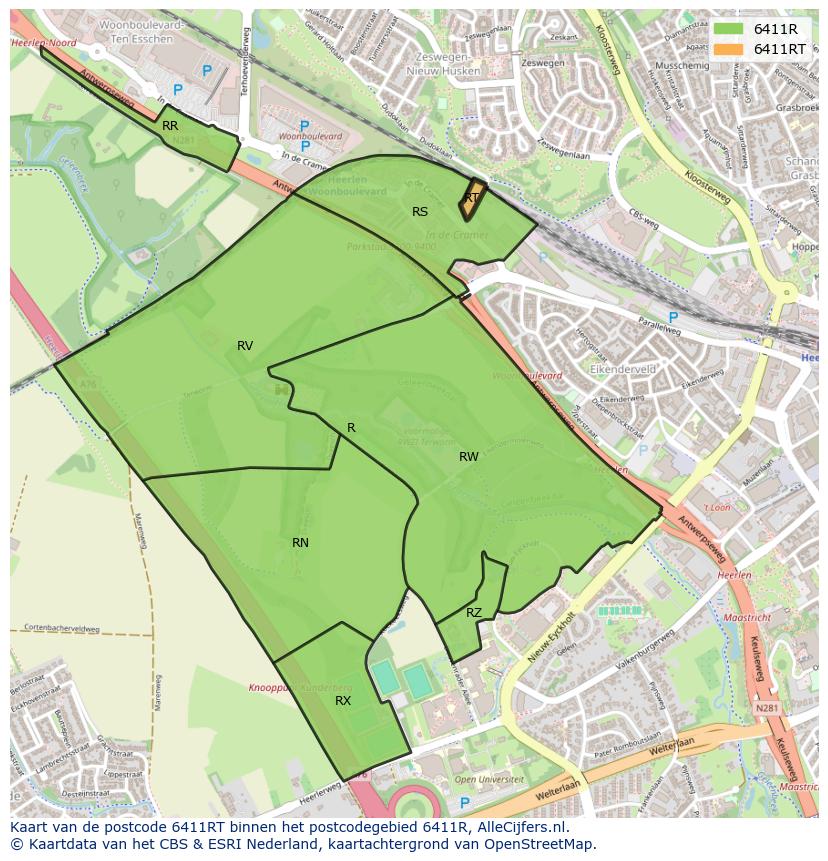 Afbeelding van het postcodegebied 6411 RT op de kaart.