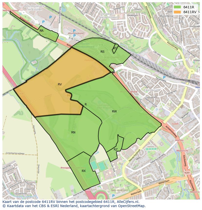 Afbeelding van het postcodegebied 6411 RV op de kaart.