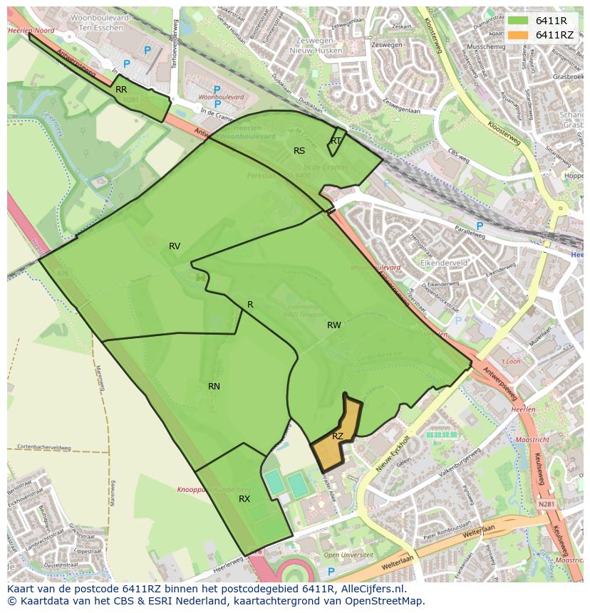 Afbeelding van het postcodegebied 6411 RZ op de kaart.