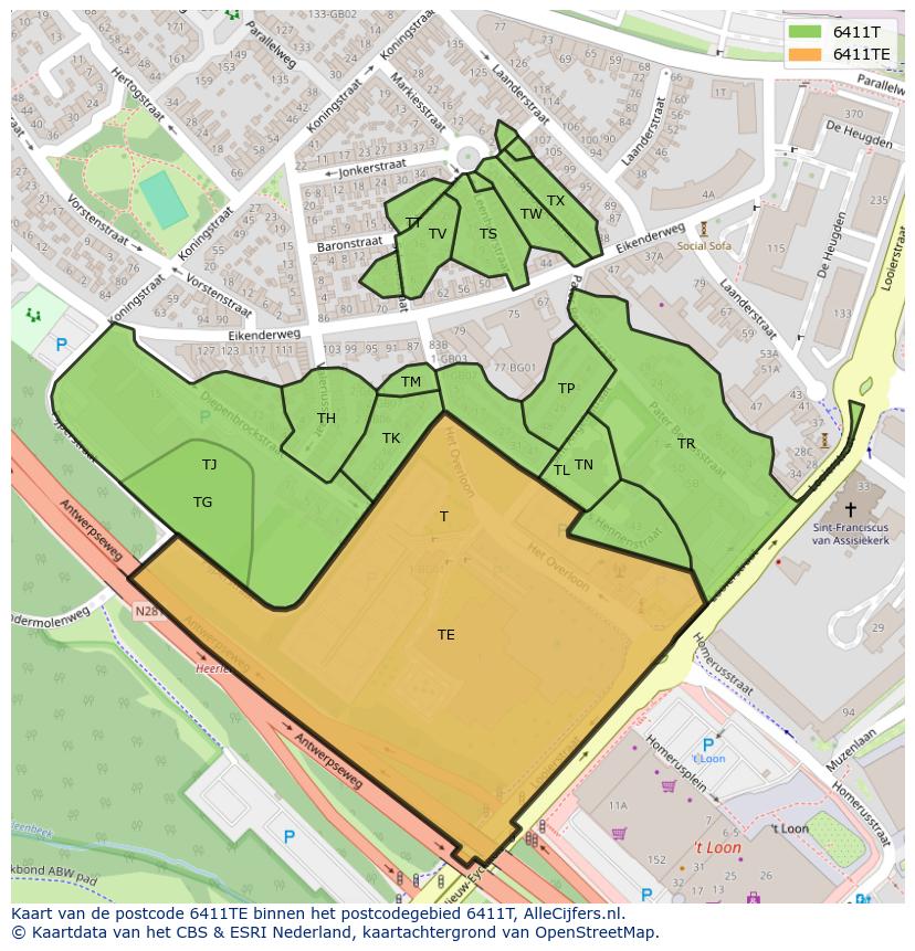 Afbeelding van het postcodegebied 6411 TE op de kaart.