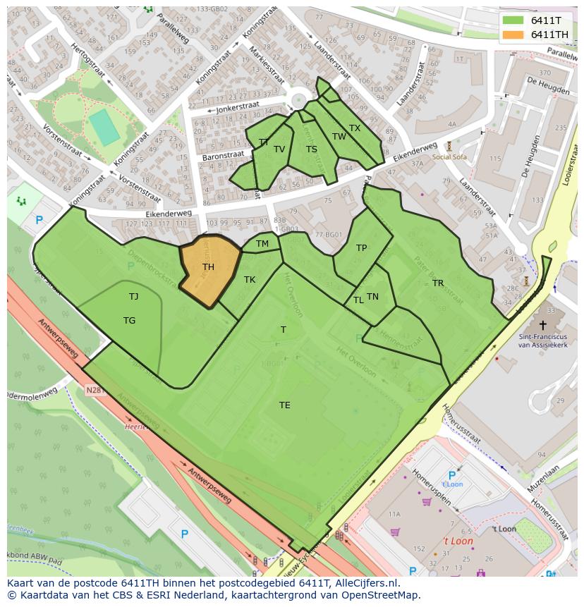 Afbeelding van het postcodegebied 6411 TH op de kaart.