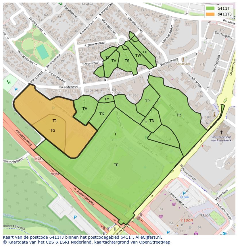 Afbeelding van het postcodegebied 6411 TJ op de kaart.