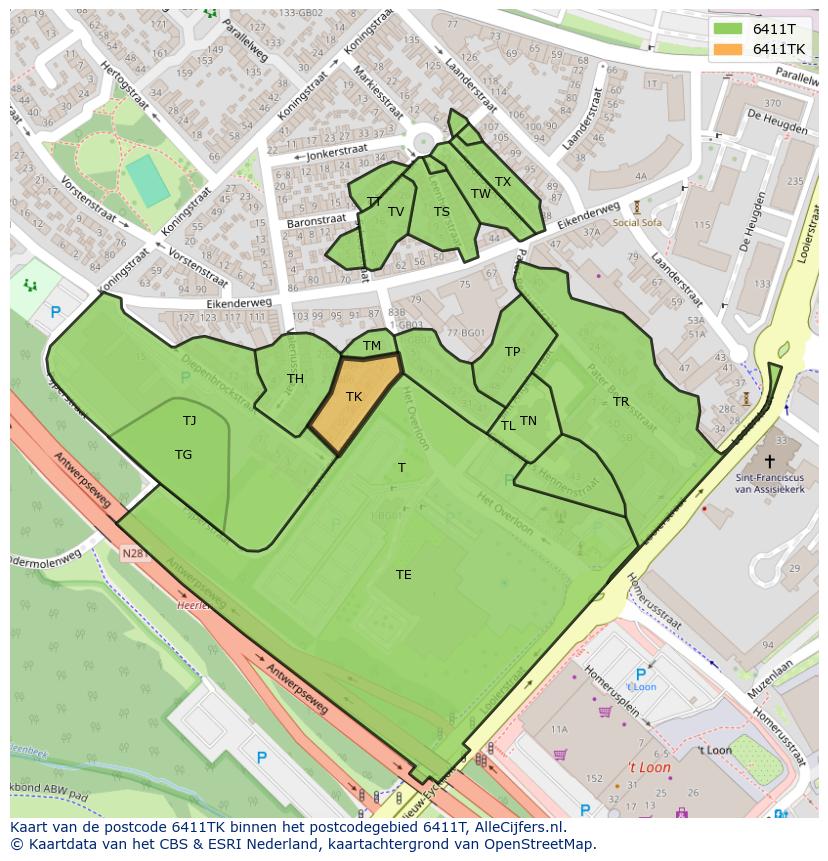 Afbeelding van het postcodegebied 6411 TK op de kaart.