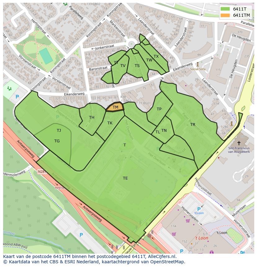 Afbeelding van het postcodegebied 6411 TM op de kaart.