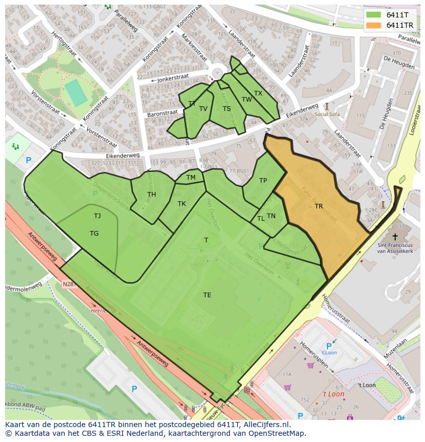 Afbeelding van het postcodegebied 6411 TR op de kaart.