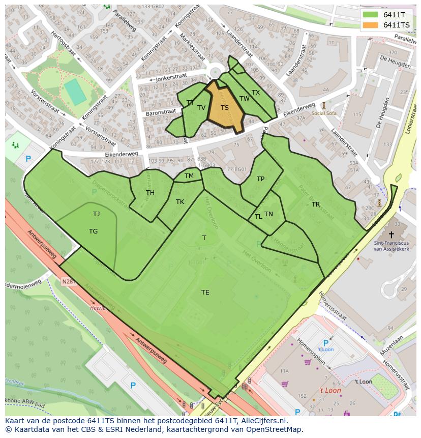 Afbeelding van het postcodegebied 6411 TS op de kaart.