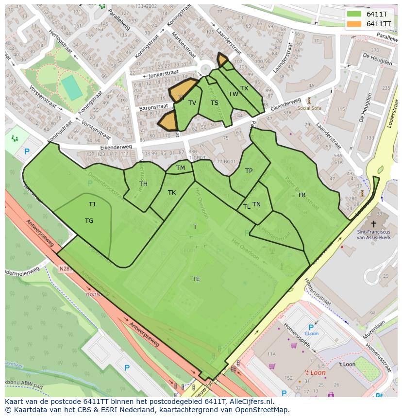 Afbeelding van het postcodegebied 6411 TT op de kaart.