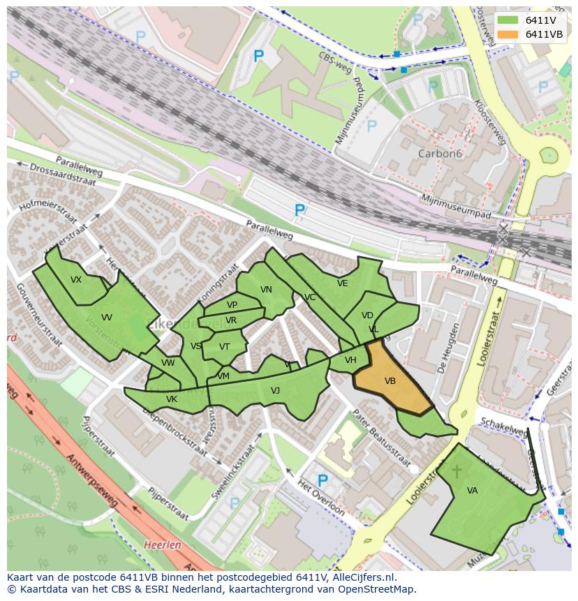 Afbeelding van het postcodegebied 6411 VB op de kaart.