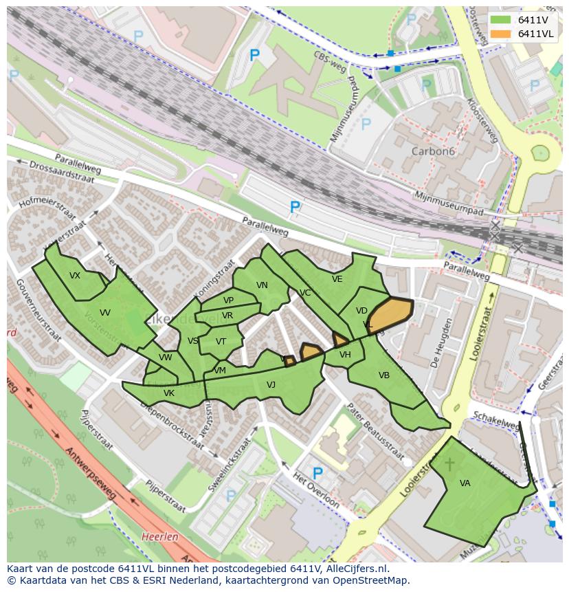 Afbeelding van het postcodegebied 6411 VL op de kaart.