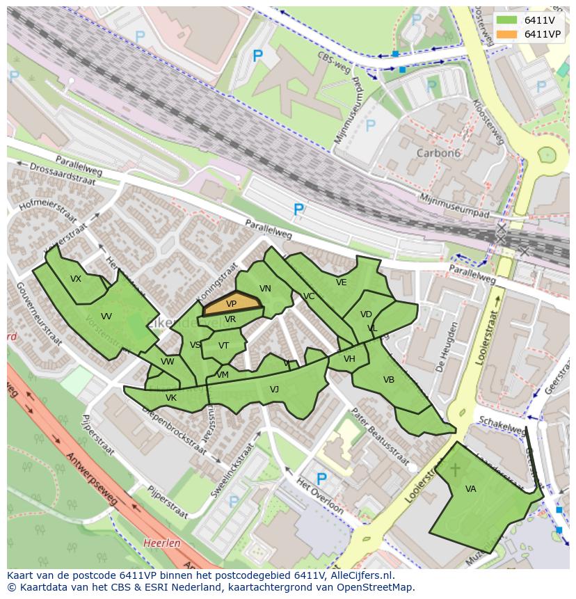 Afbeelding van het postcodegebied 6411 VP op de kaart.