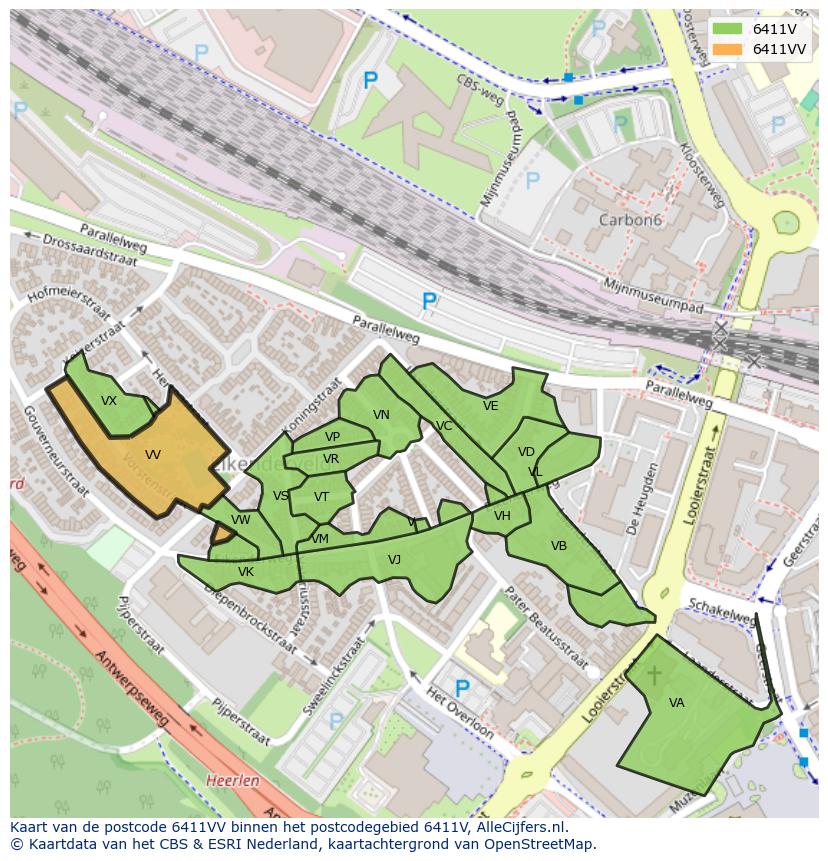Afbeelding van het postcodegebied 6411 VV op de kaart.