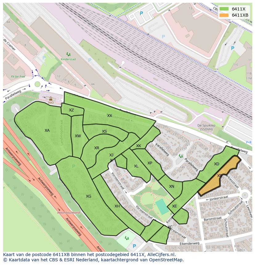 Afbeelding van het postcodegebied 6411 XB op de kaart.