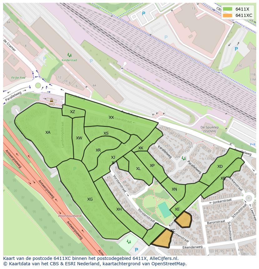 Afbeelding van het postcodegebied 6411 XC op de kaart.